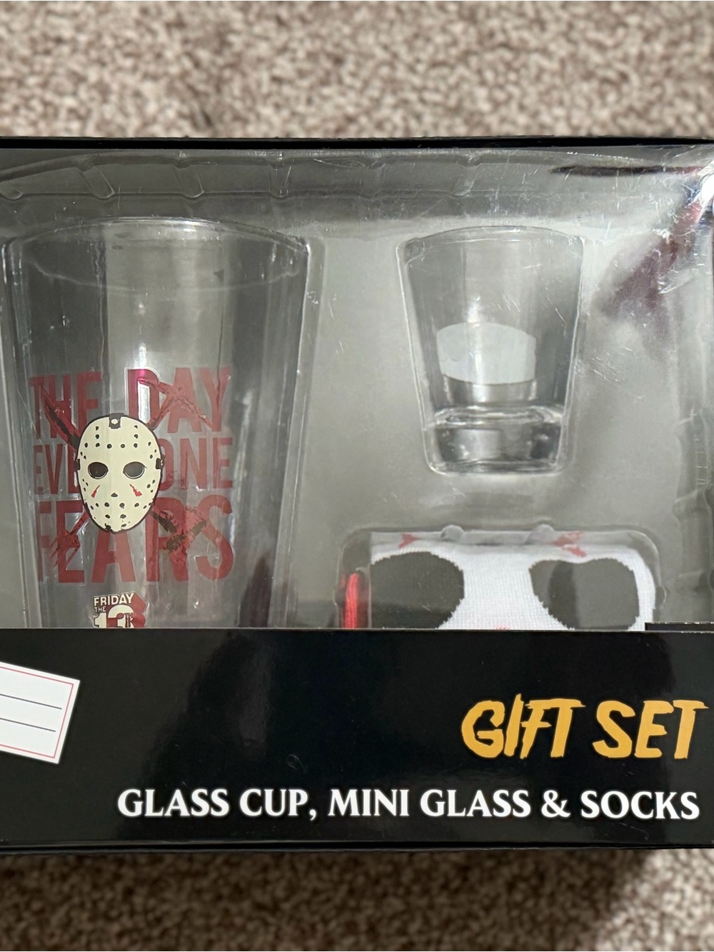 Horror Themed Jason Red Glass Cup, Mini Glass & Socks Gift Set